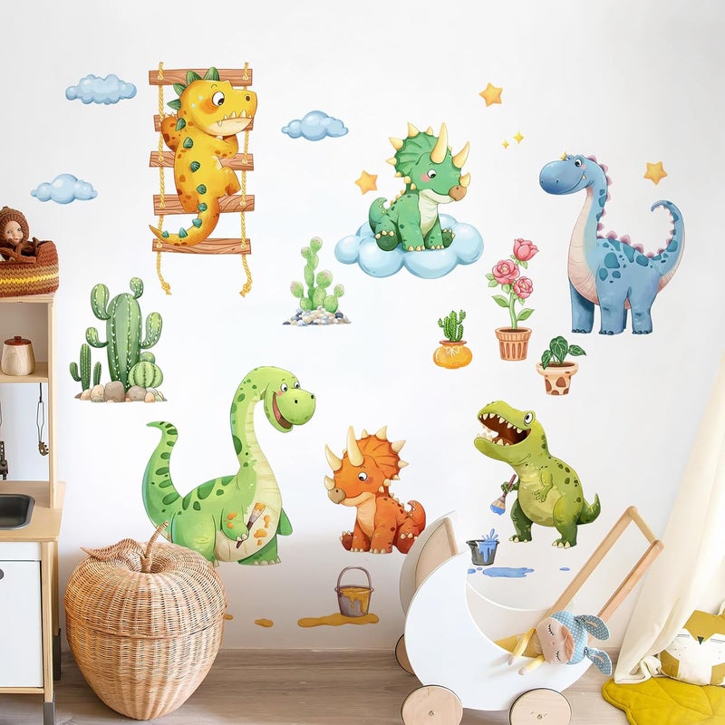 Decvictor Watercolor Funny Dinosaur Wall Decals, Cartoon Cute Dino Playing Cacti Wall Stickers Vinyl Peel and Stick Wall Decal Self Adhesive Wall Art Sticker for Baby Nursery Kids Room Home Decor - Image 1